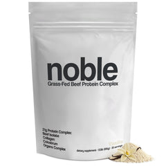Noble Origins vanilla beef protein label with scoop for convenient serving