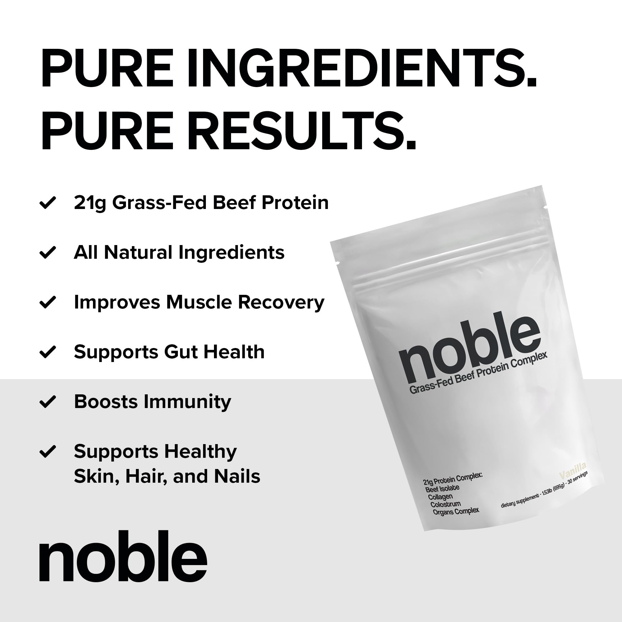 Noble Origins vanilla beef protein being poured, highlighting smooth mixability