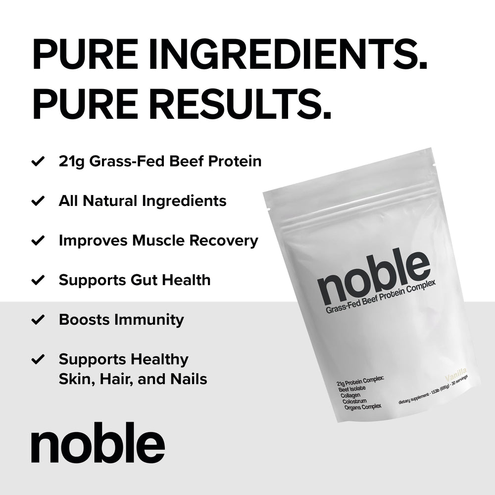 Noble Origins vanilla beef protein being poured, highlighting smooth mixability