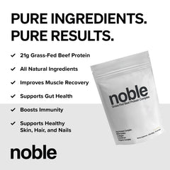 Noble Origins vanilla beef protein being poured, highlighting smooth mixability