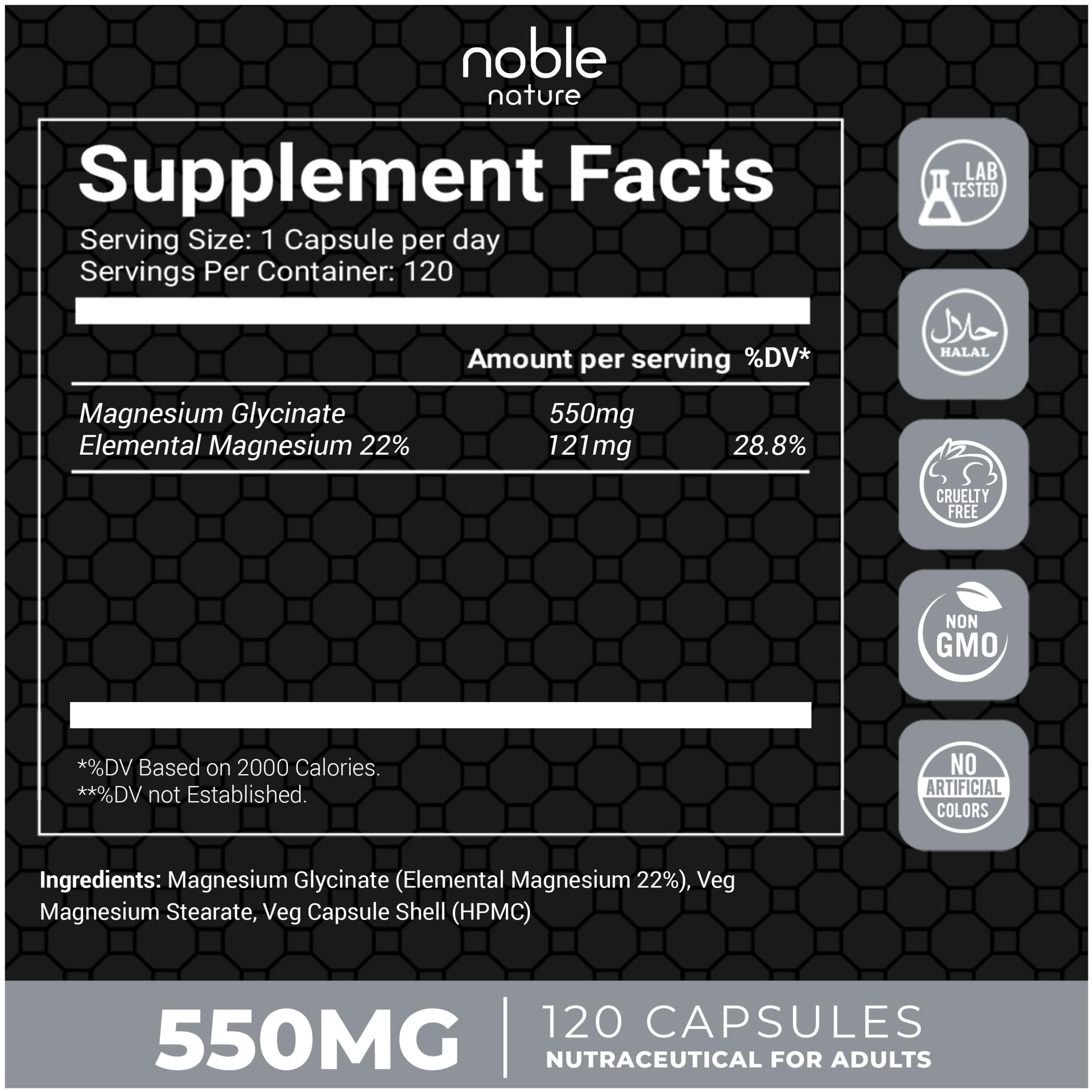 Noble Nature bottle back with dosage instructions and safety notes