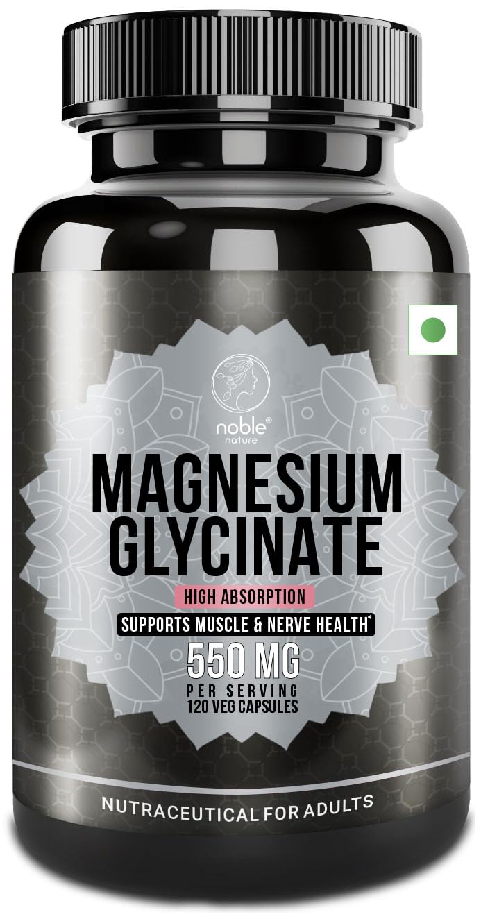 Noble Nature magnesium glycinate 550mg bottle front view highlighting high absorption formula