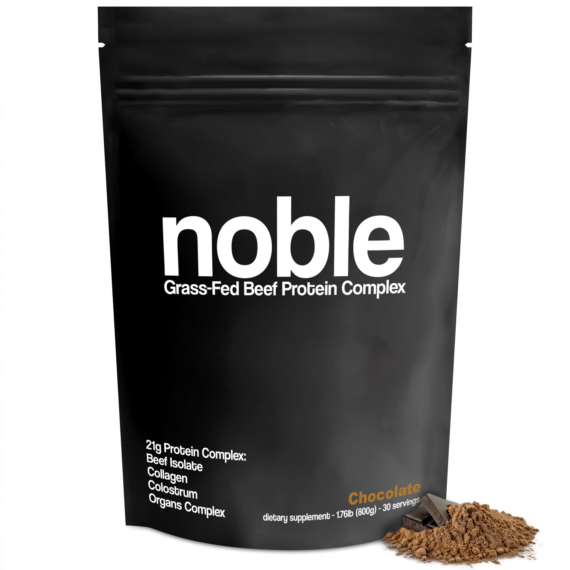 Noble Origins All-in-One Chocolate Powder bottle showing rich flavor and protein support for workouts