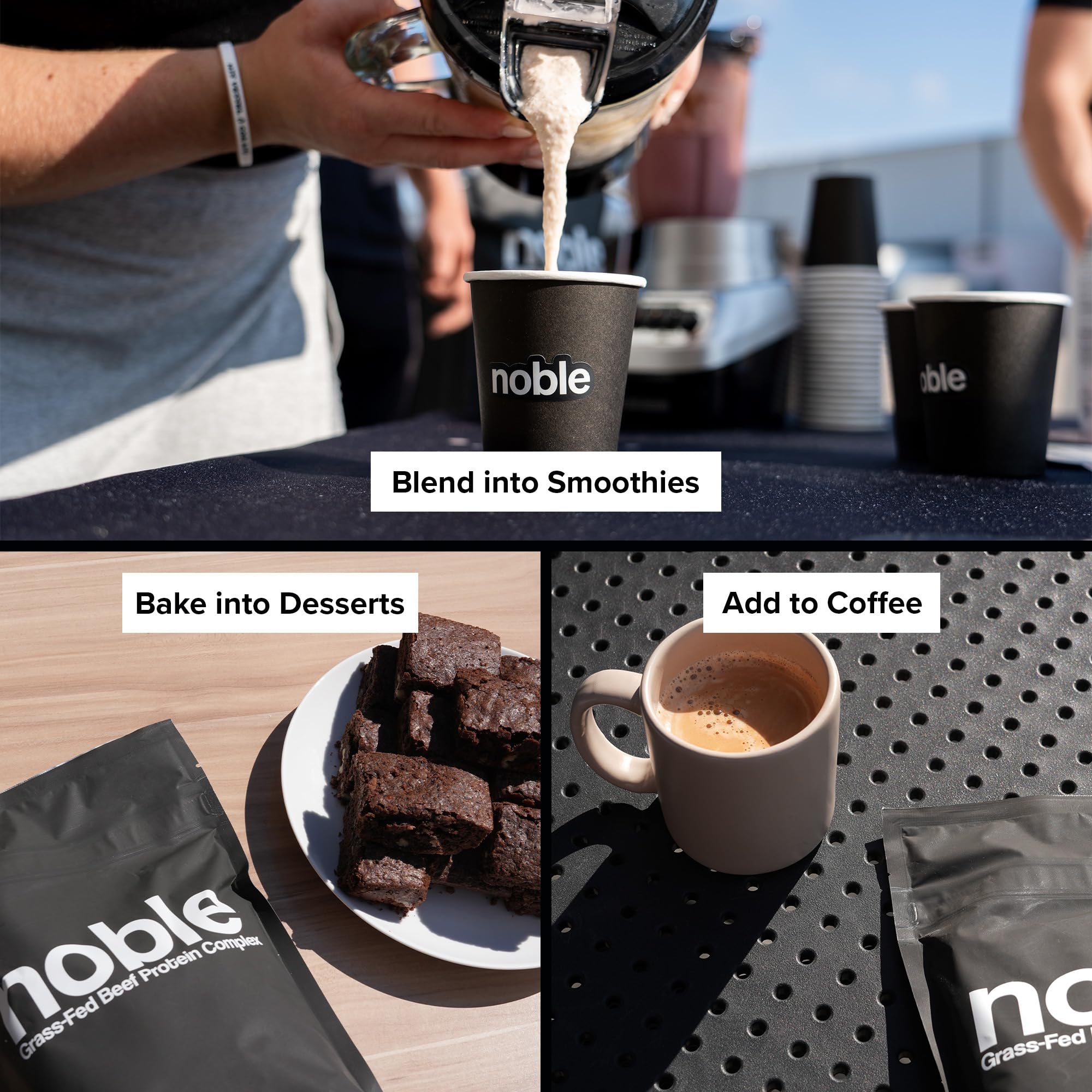 Noble Origins Chocolate powder being mixed for a rich, smooth shake