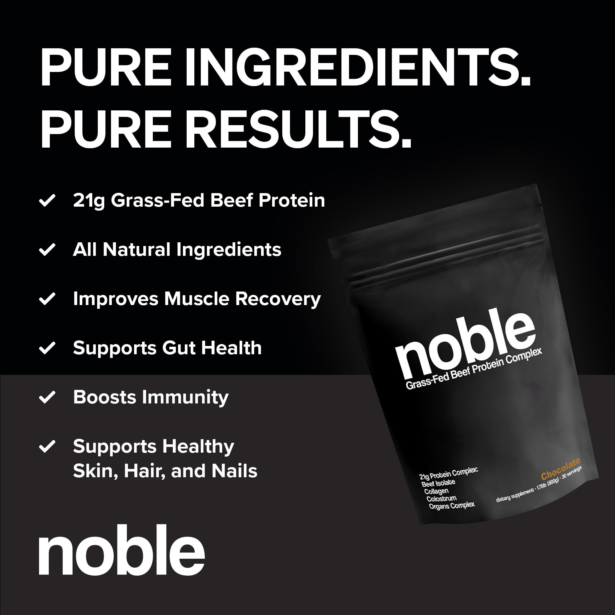 Noble Origins Grass-Fed Beef Protein 21g powder emphasizing lean protein for muscle support
