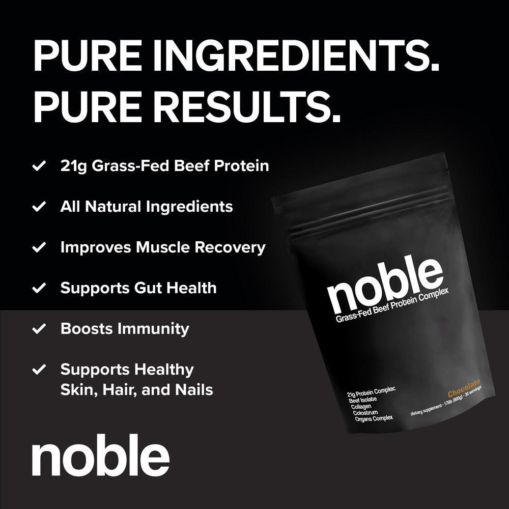 Noble Origins Grass-Fed Beef Protein 21g powder emphasizing lean protein for muscle support