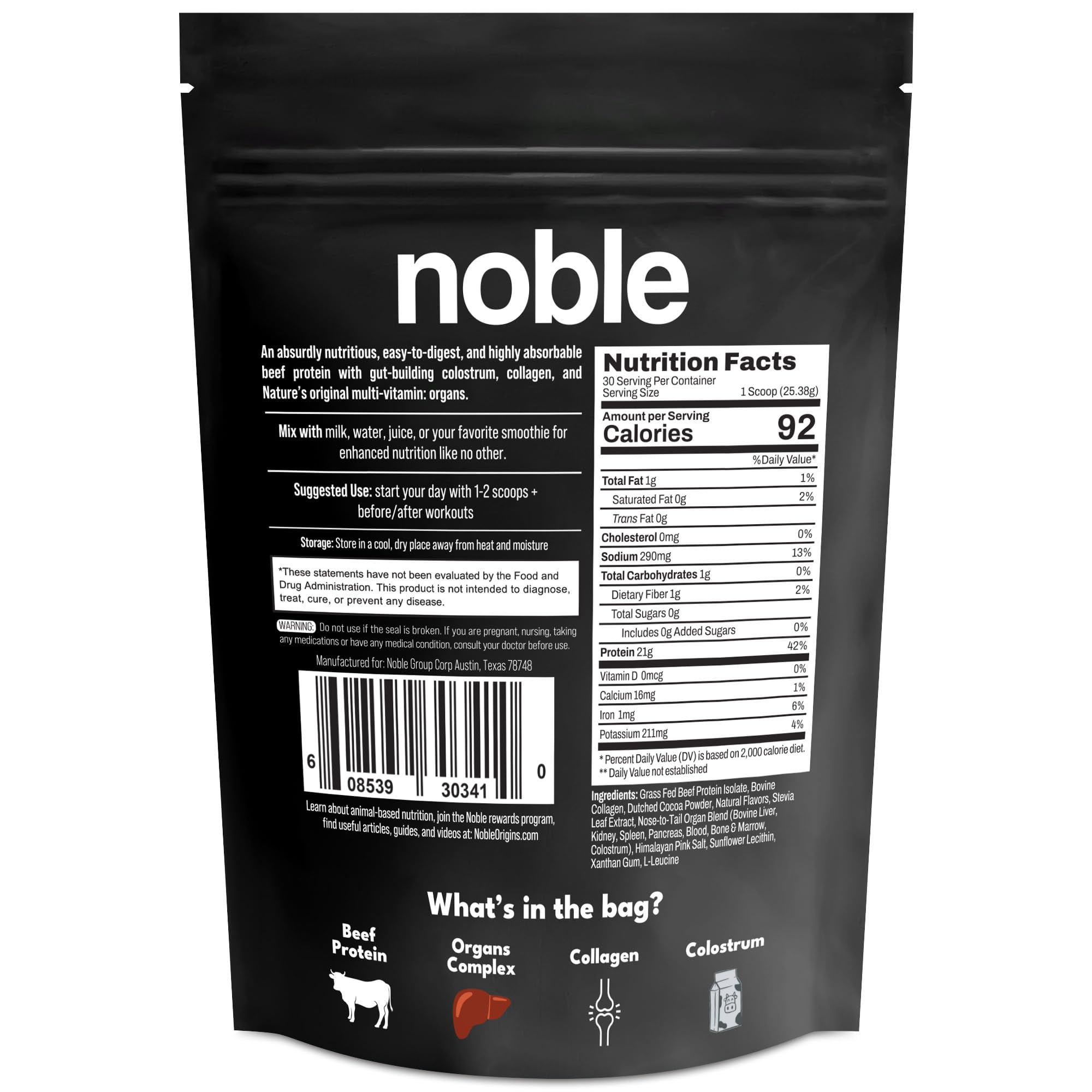 Noble Origins Zero-Carb formula packaging emphasizing clean nutrition