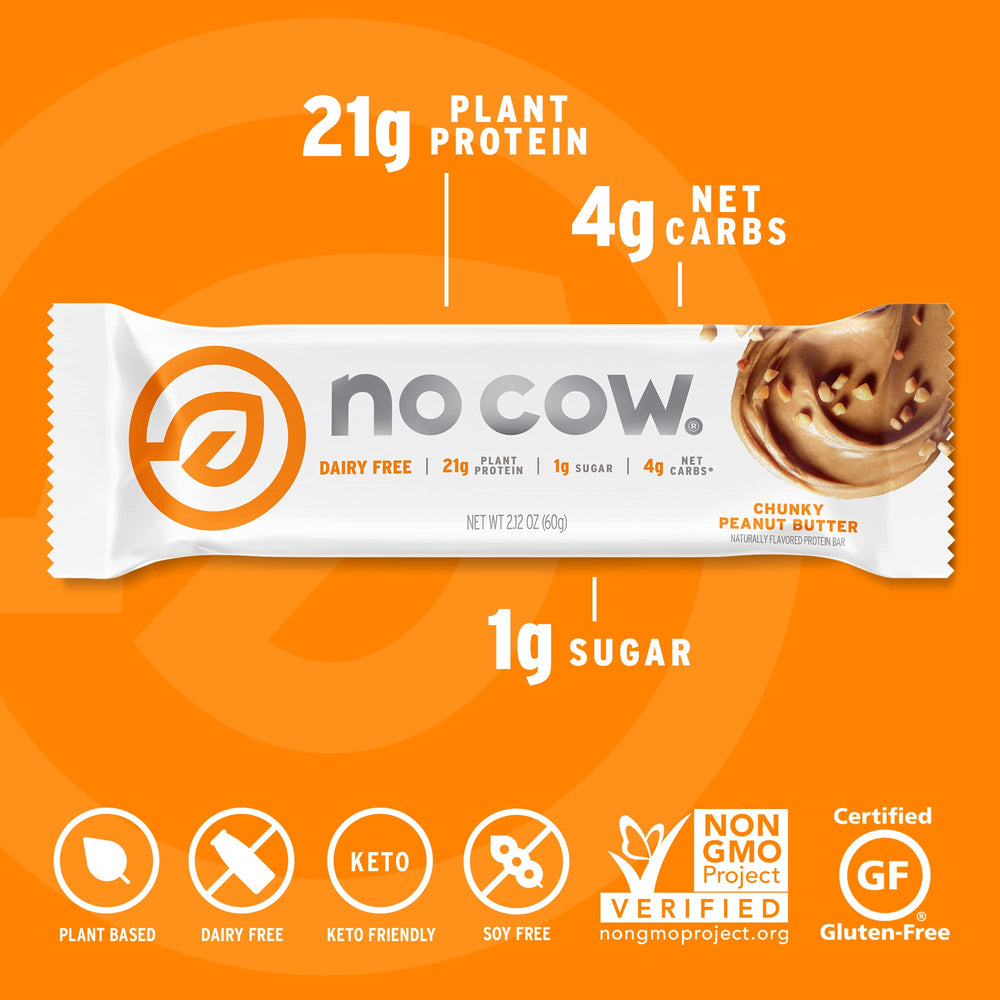 No Cow vegan bar ingredients shown, highlighting non-GMO and allergy-friendly recipe.
