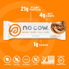 No Cow vegan bar ingredients shown, highlighting non-GMO and allergy-friendly recipe.