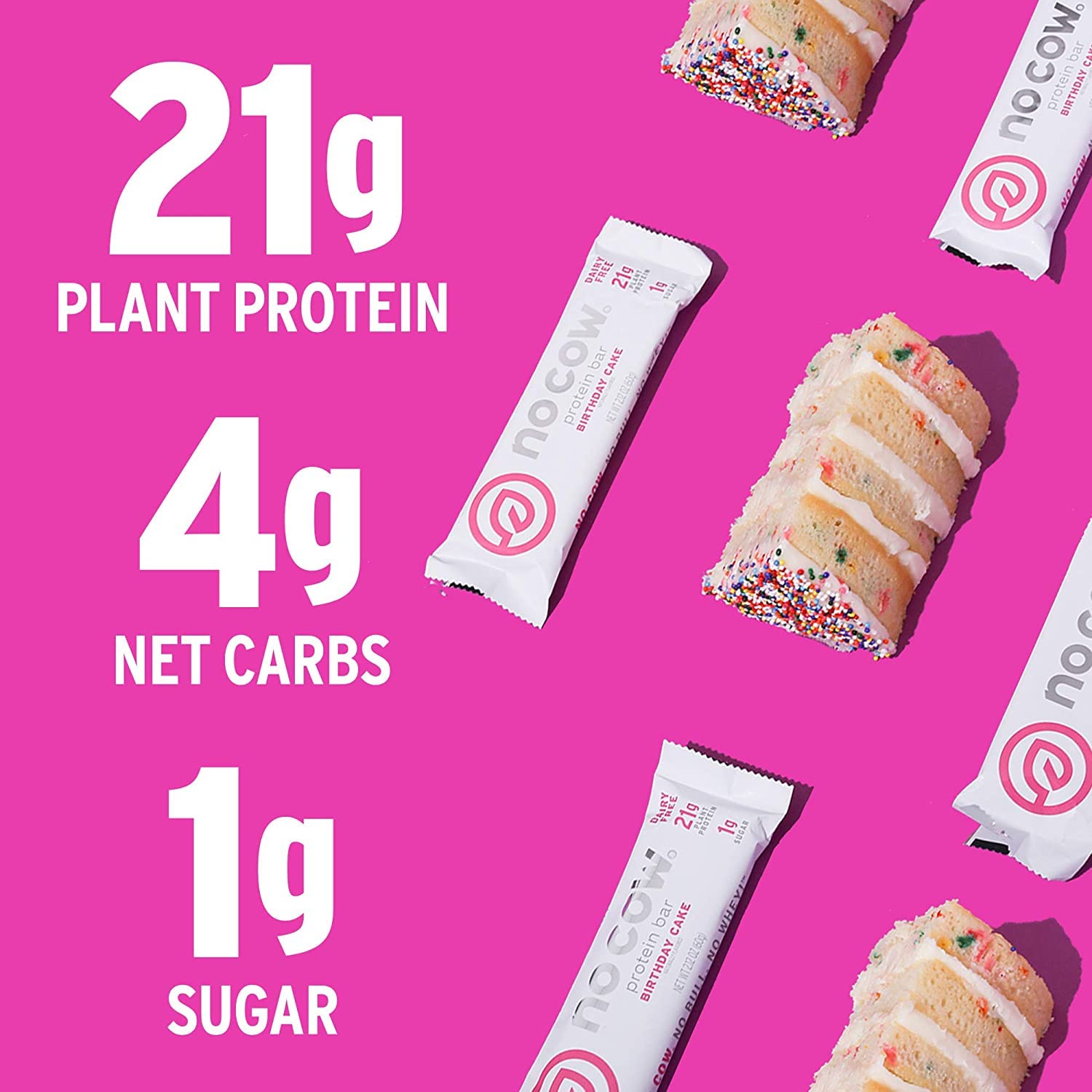 No Cow Birthday Cake bar Non-GMO and Kosher certification emphasizes clean ingredients.