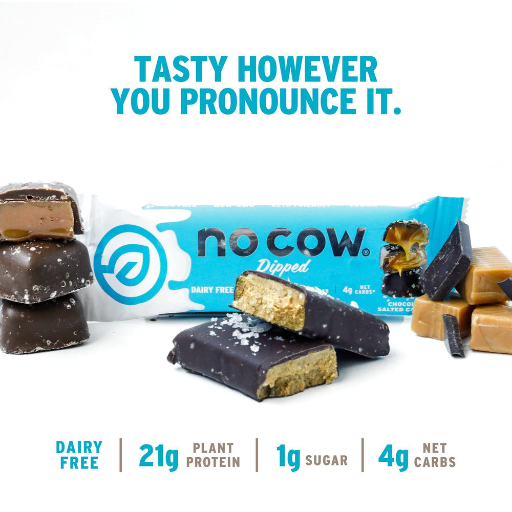No Cow chocolate salted caramel on-the-go snack ready for workouts.