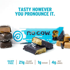 No Cow chocolate salted caramel on-the-go snack ready for workouts.