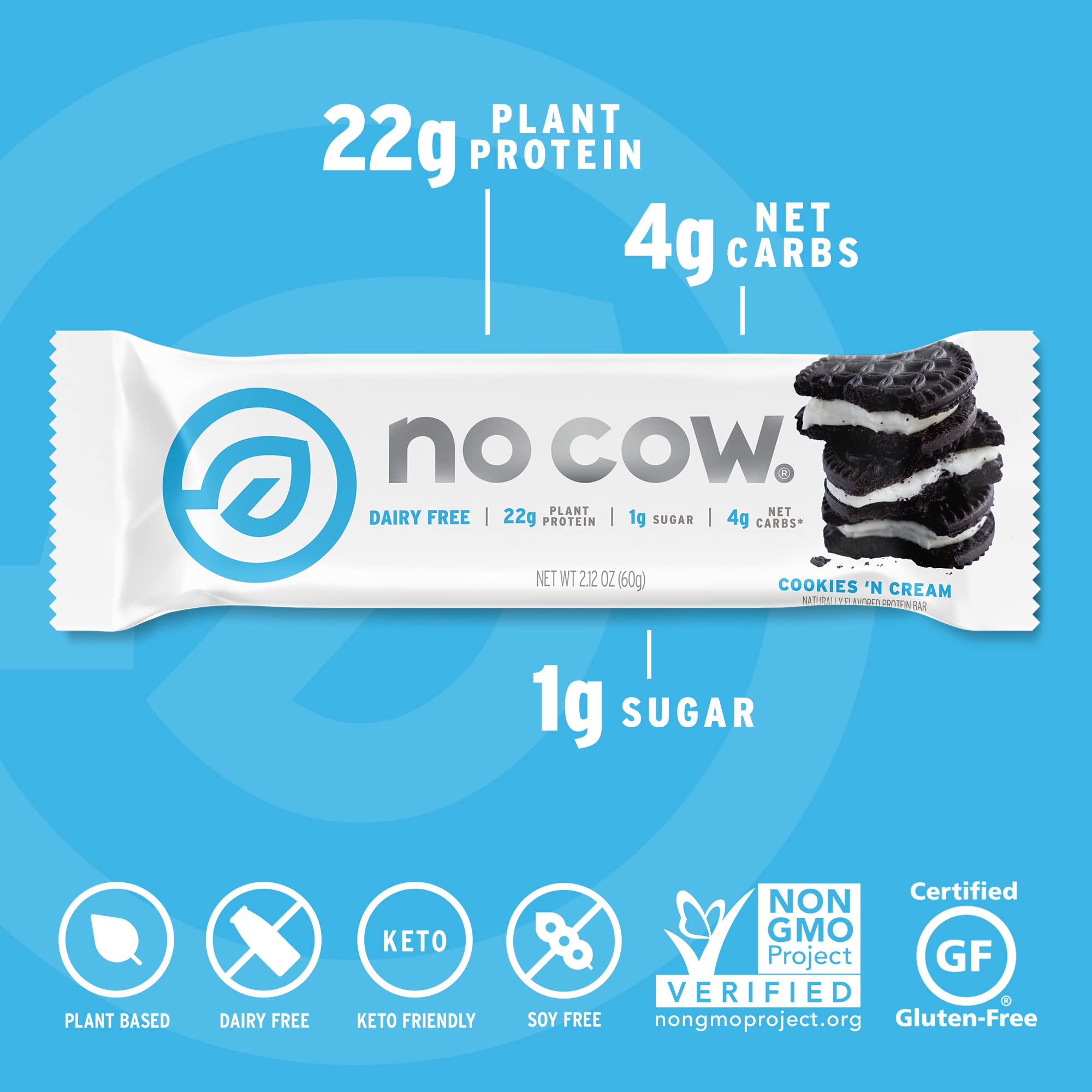No Cow gluten-free dairy-free bar with 1g sugar, supports long-lasting fullness.