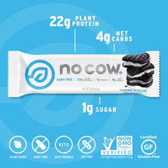 No Cow gluten-free dairy-free bar with 1g sugar, supports long-lasting fullness.