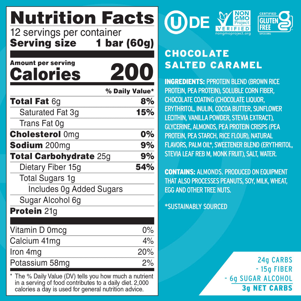 No Cow bar closeup showing chocolate and caramel flavor with 20g plant protein.
