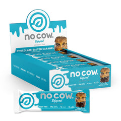 No Cow high protein bars chocolate salted caramel pack shot; keto friendly snack for active days.