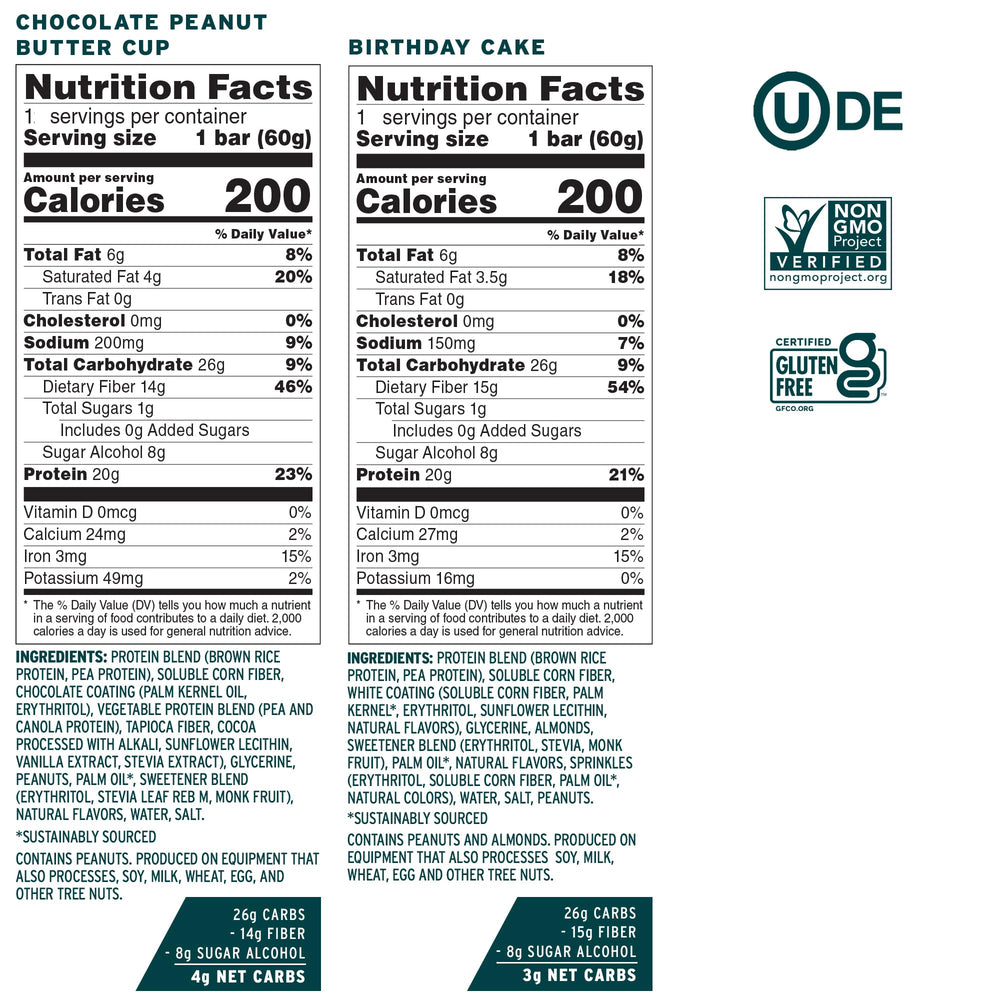 No Cow bars dipped chocolate coating close-up, rich flavor with fiber boost.