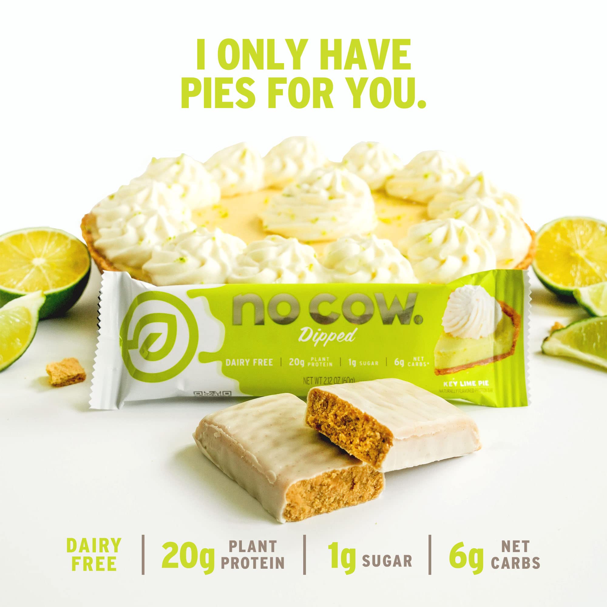 No Cow Key Lime Pie bar nutrition facts emphasize 20g protein and 1g sugar.