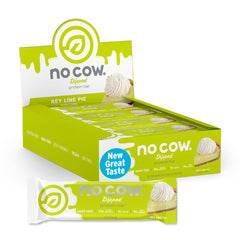 No Cow Key Lime Pie vegan protein bar packaging highlights upgrade for clean energy.