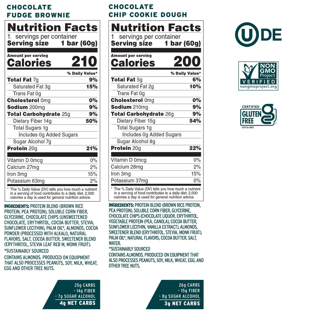 Close-up of wrapped No Cow bars highlighting clean ingredients and low sugar