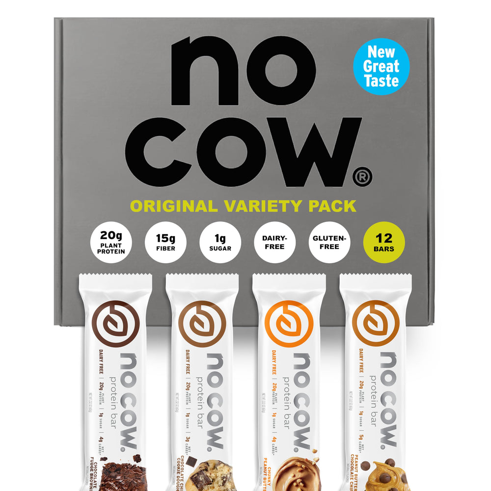 No Cow Original Variety Pack front packaging showing 20g vegan protein per bar for active days