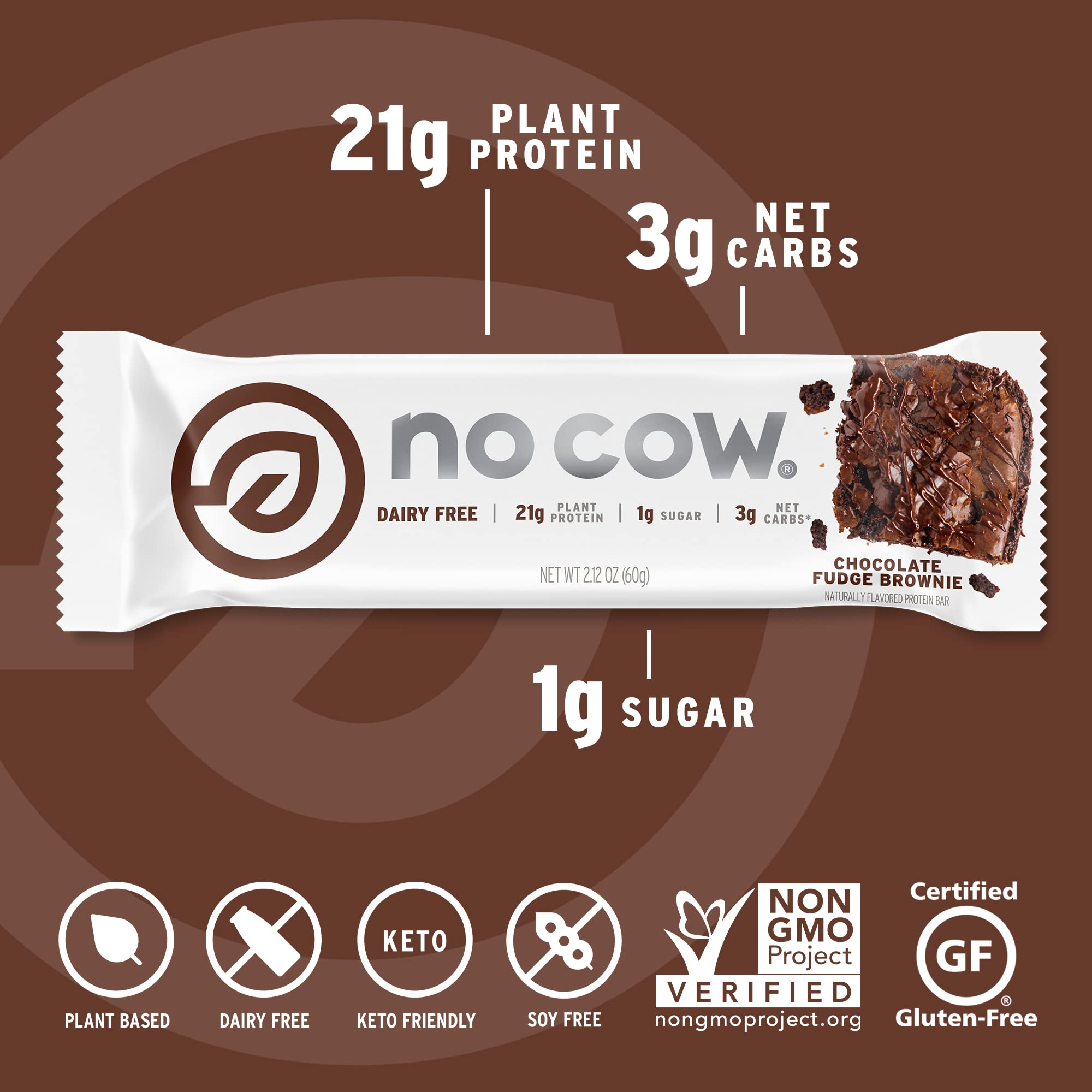 No Cow 12-bar pack of Chocolate Fudge Brownie, convenient daily snack