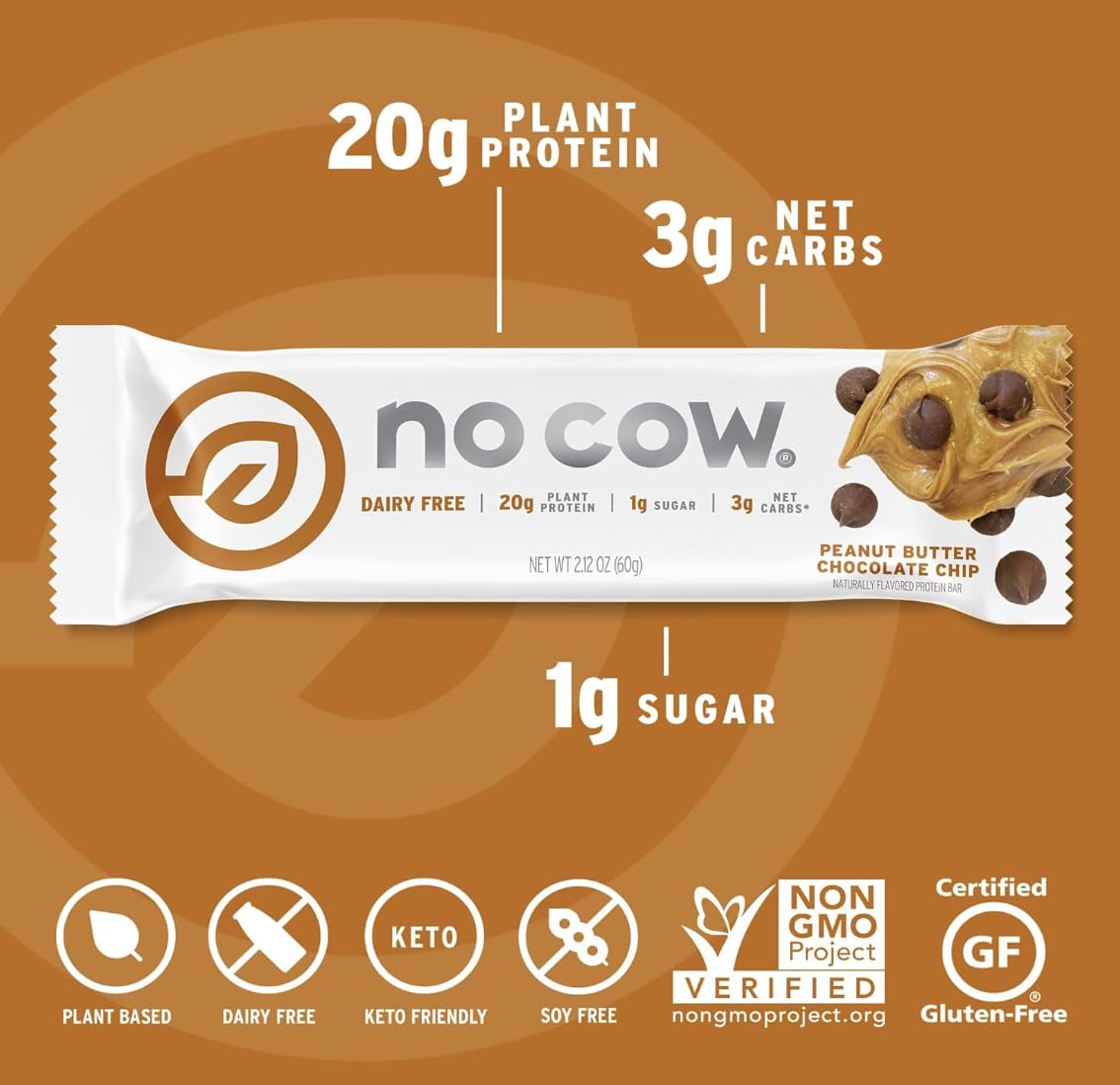 No Cow packaging front view highlights vegan, gluten-free, dairy-free attributes.