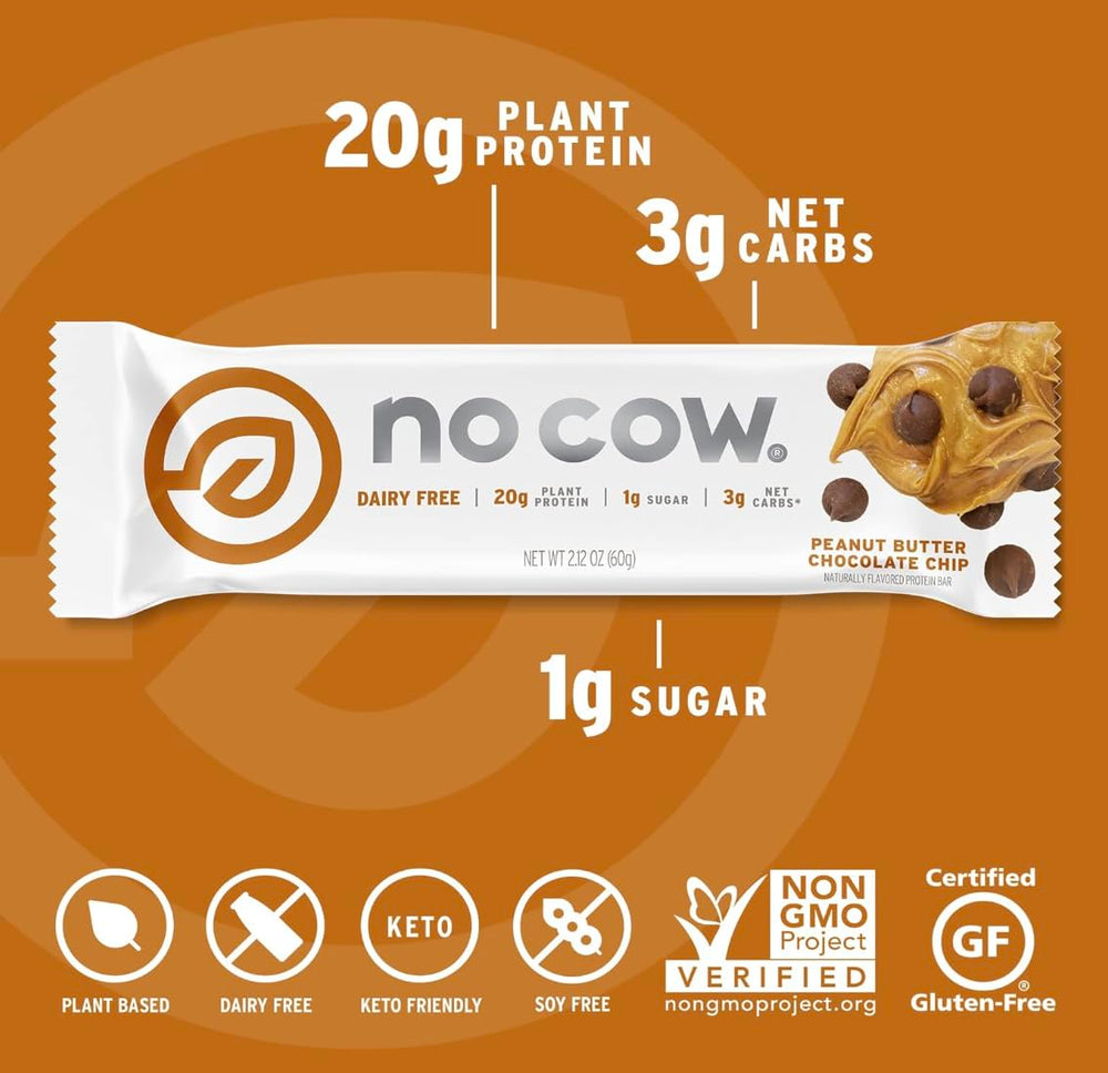 No Cow packaging front view highlights vegan, gluten-free, dairy-free attributes.