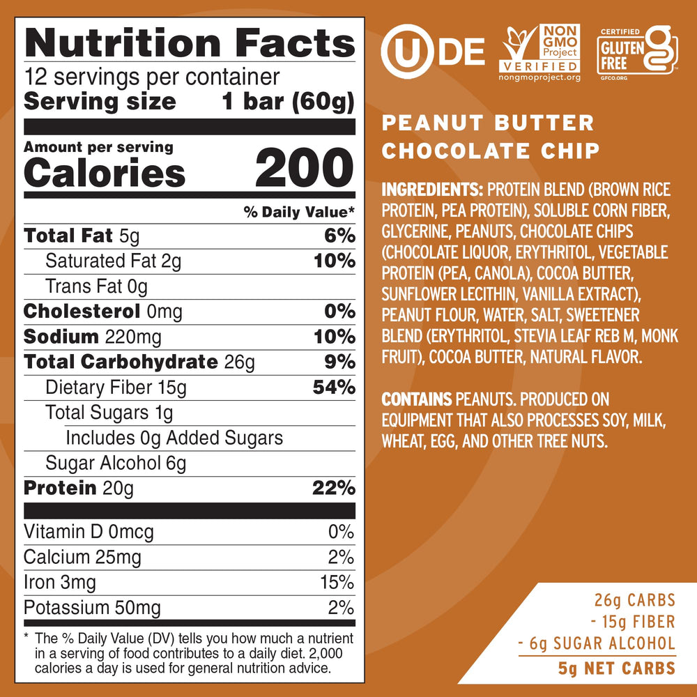 Close-up of No Cow bar reveals creamy peanut butter and chocolate chips for flavor.