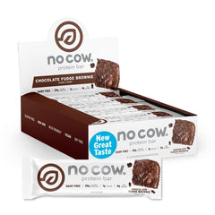 No Cow Upgraded Chocolate Fudge Brownie bar front view, 20g plant protein boost for workouts