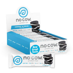 No Cow Cookies 'n Cream vegan protein bar with upgraded taste sticker, ideal for tasty on-the-go snacking.