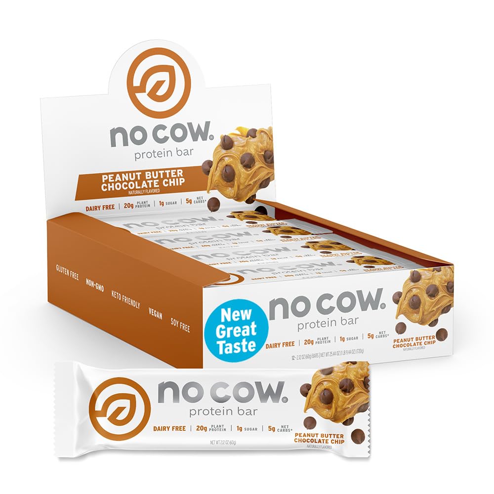 No Cow upgraded peanut butter chocolate chip bars pack for on-the-go vegan protein.