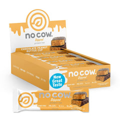 No Cow Upgraded Peanut Butter Cup bar front view highlighting high-protein snack