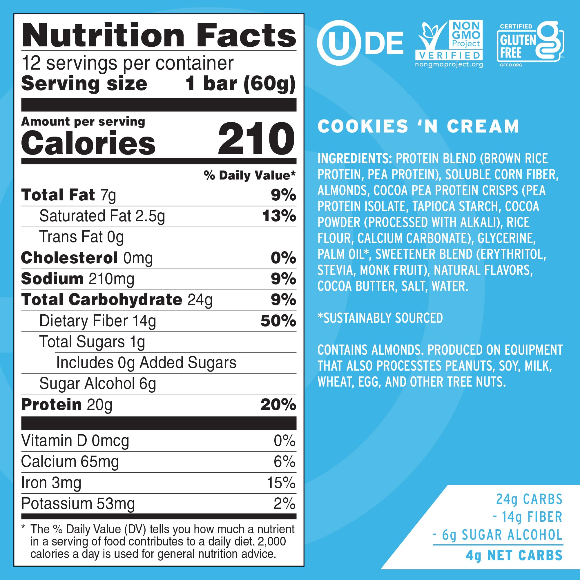 No Cow vegan Cookies 'n Cream bar, 20g protein, perfect workout snack.