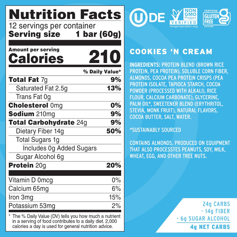 No Cow vegan Cookies 'n Cream bar, 20g protein, perfect workout snack.