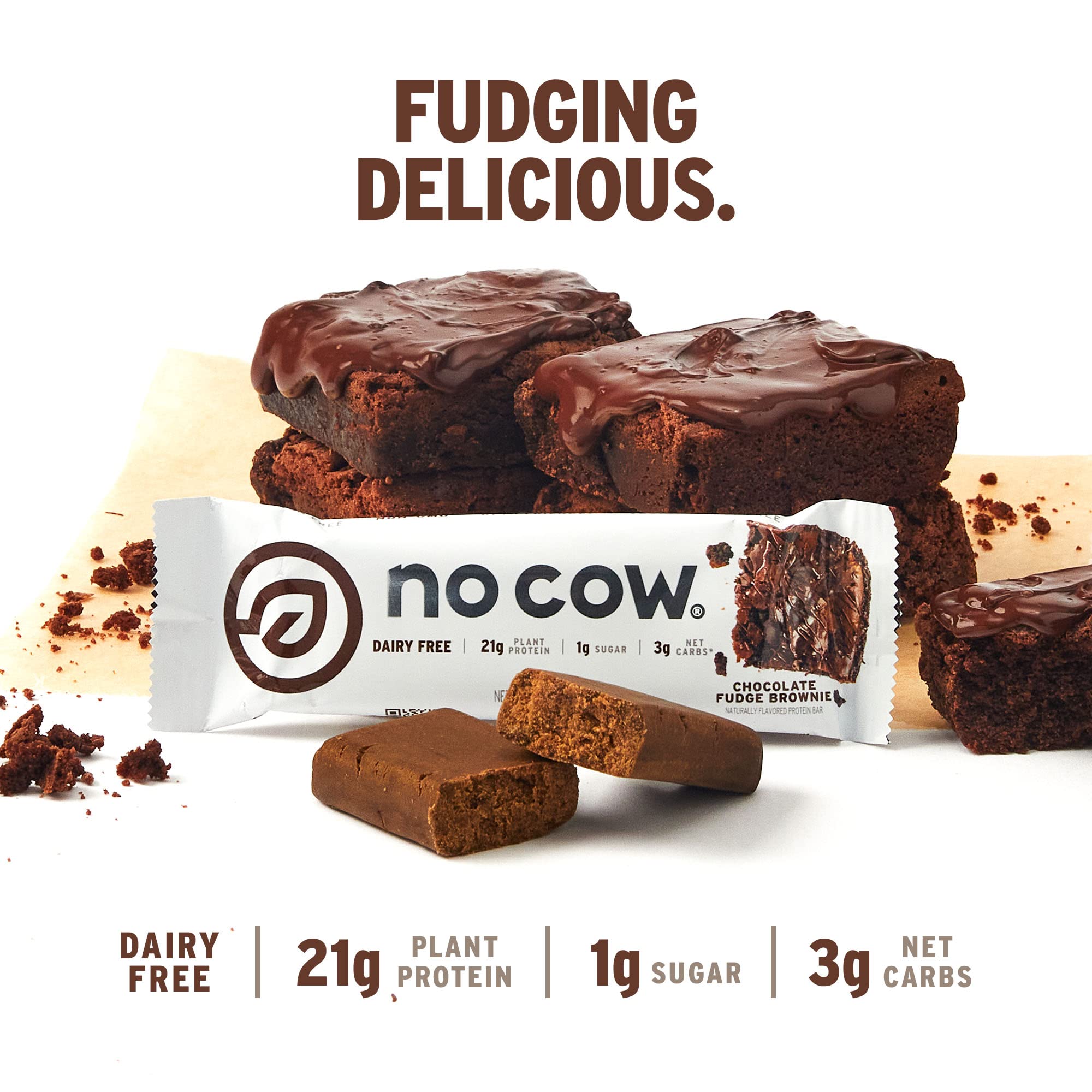 No Cow bar nutrition panel shows gluten-free and dairy-free ingredients