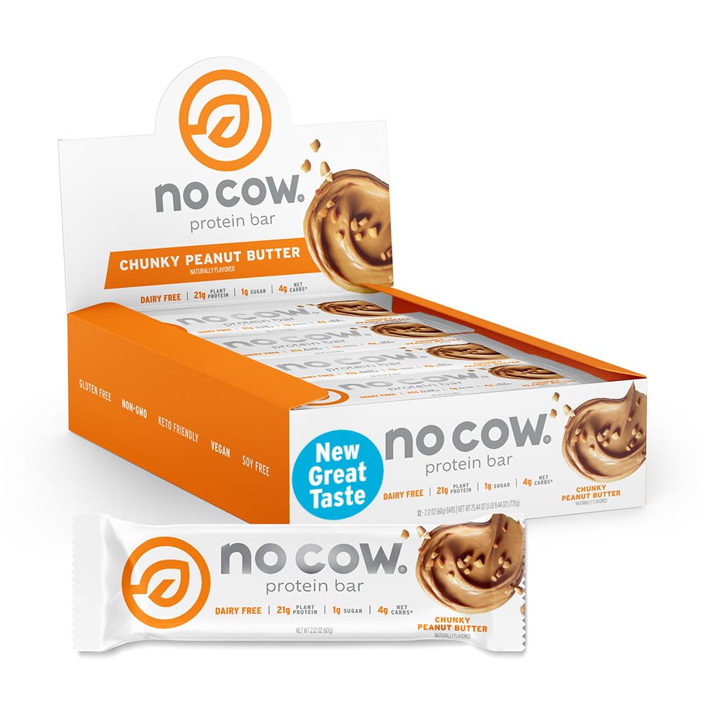 No Cow vegan protein bars upgraded chunky peanut butter with protein boost.