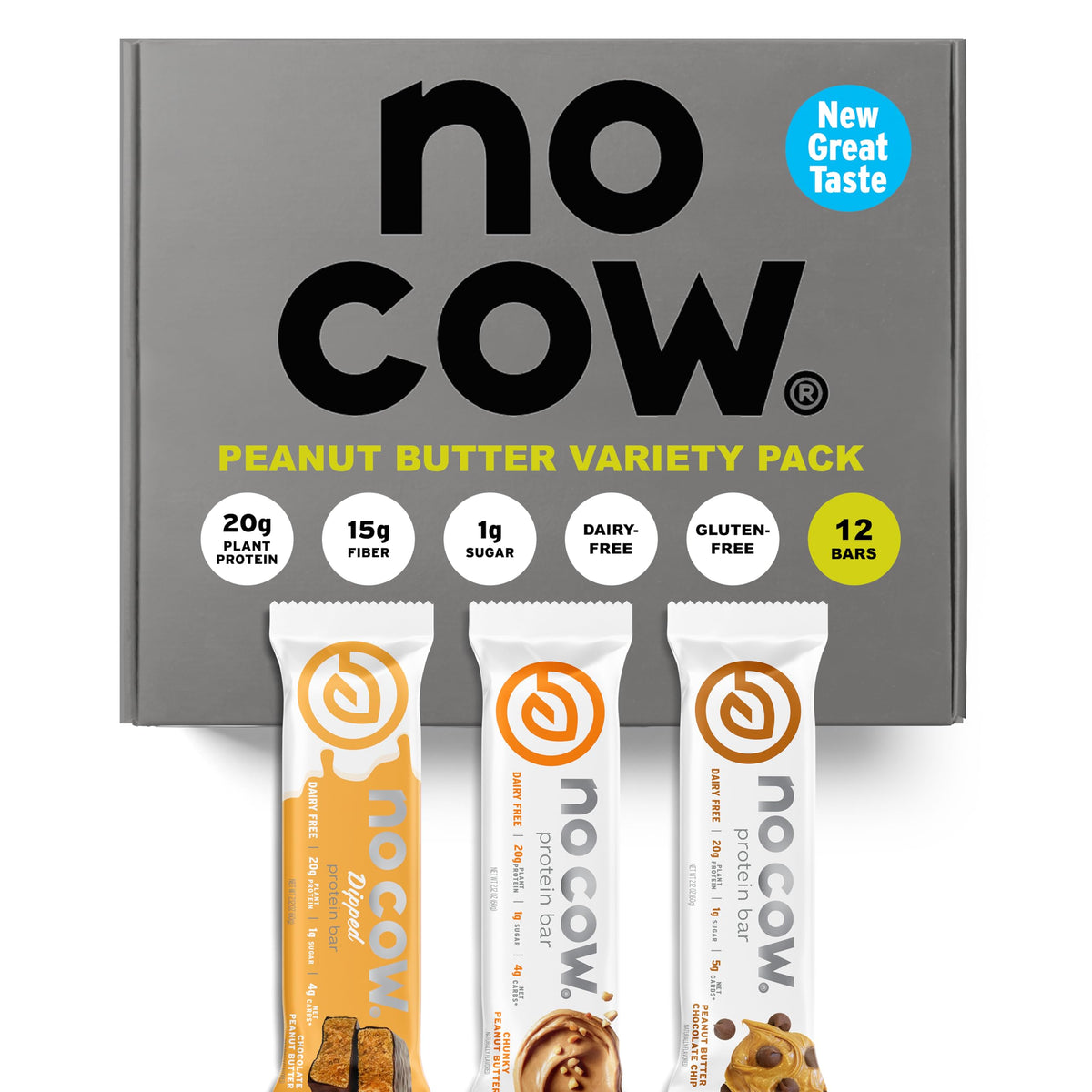 No Cow vegan protein bars upgraded peanut butter variety pack front view for energy.