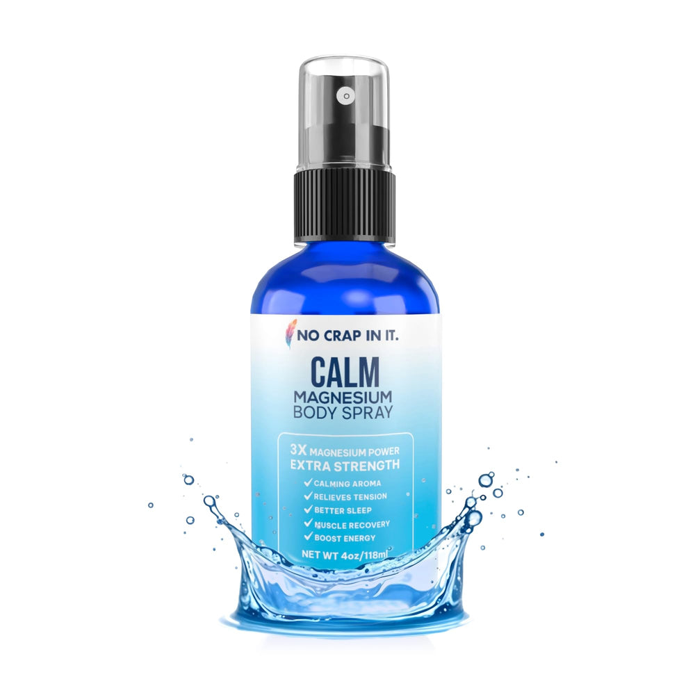 No Crap In It Calm Magnesium Spray bottle close-up, fast-acting natural formula.