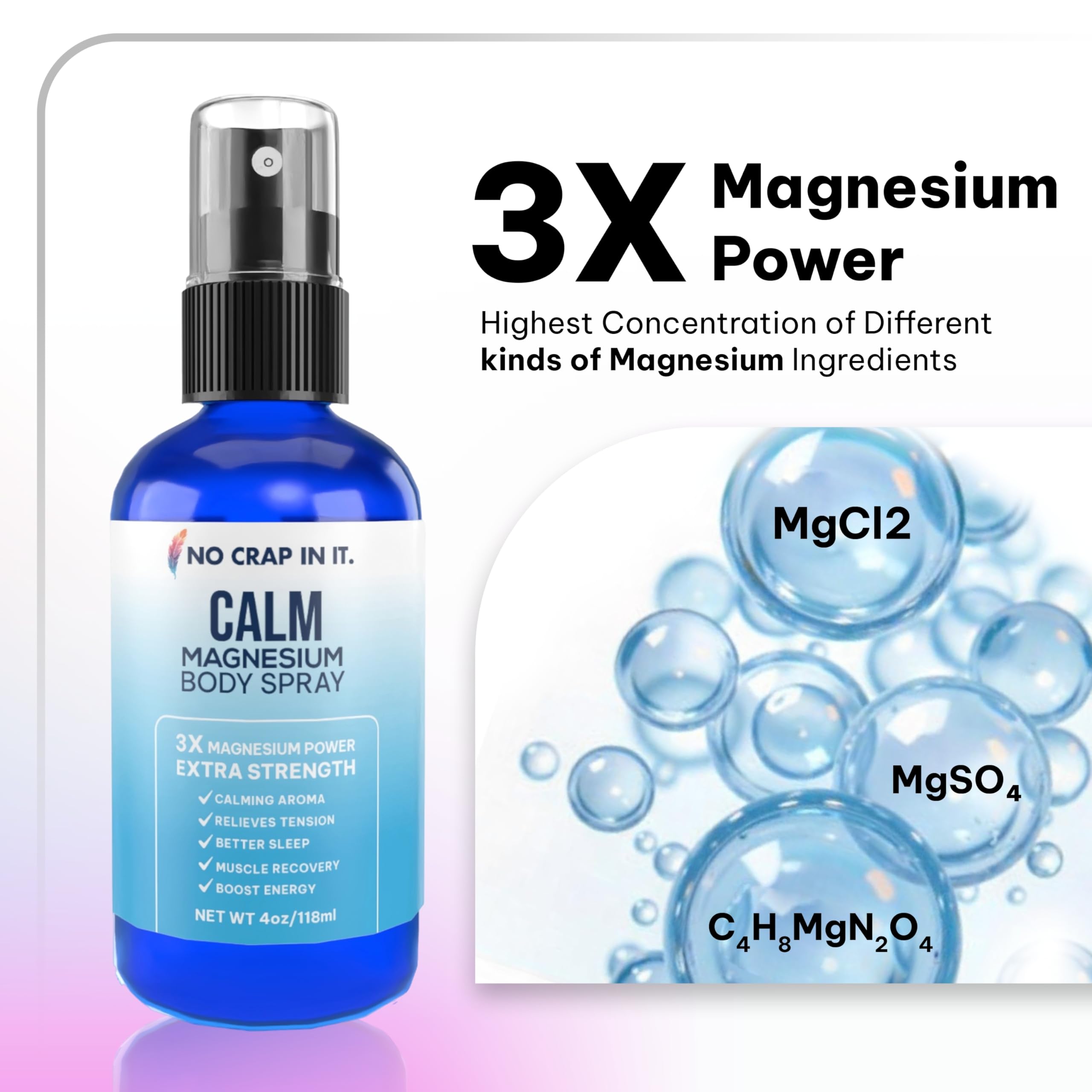 No Crap In It Calm Magnesium Spray ingredients label highlights three forms.