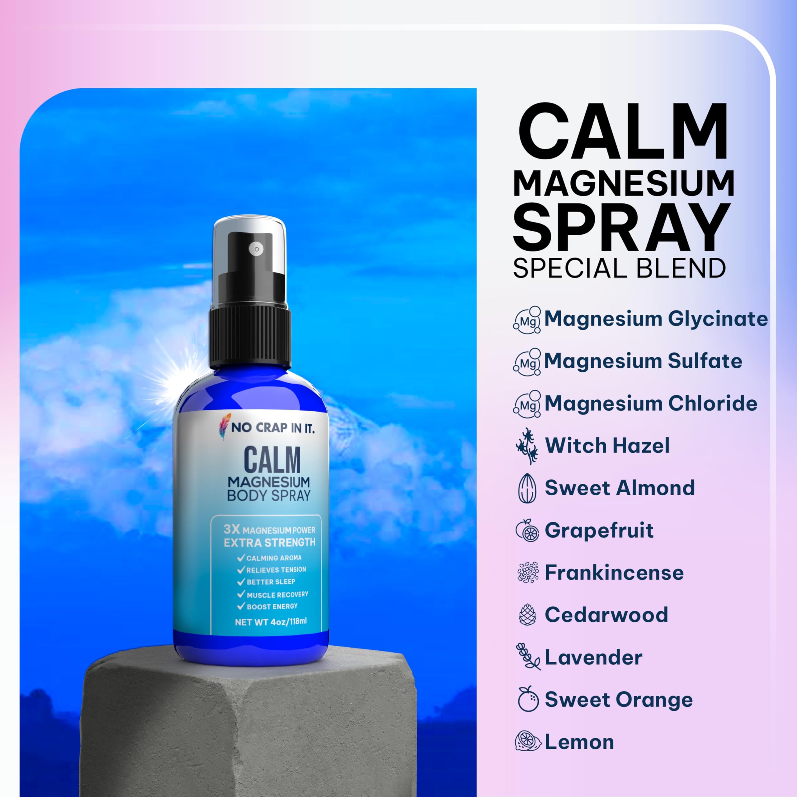 No Crap In It Calm Magnesium Spray mist disperses easily for quick use.