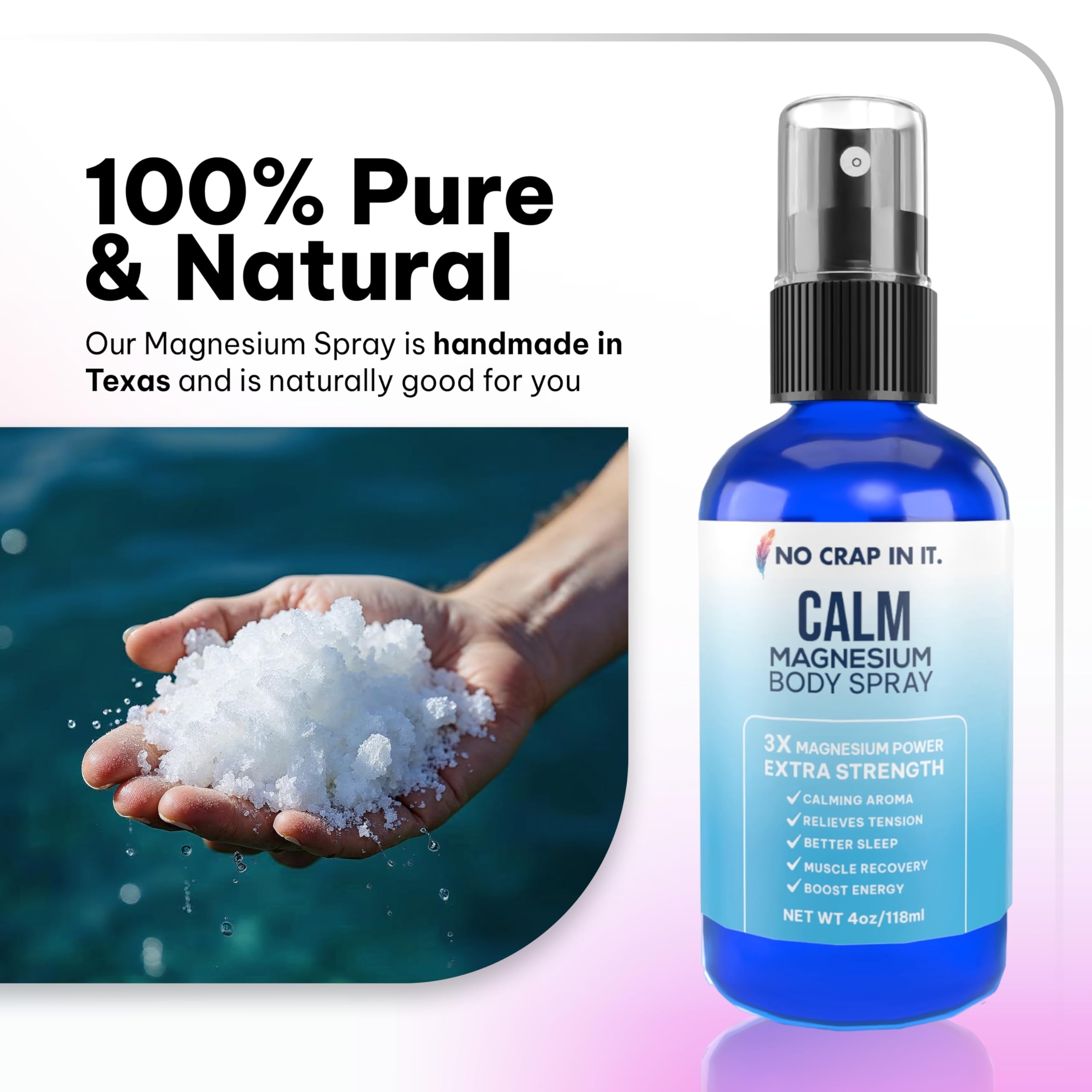 No Crap In It Calm Magnesium Spray bottle close-up shows triple magnesium blend.