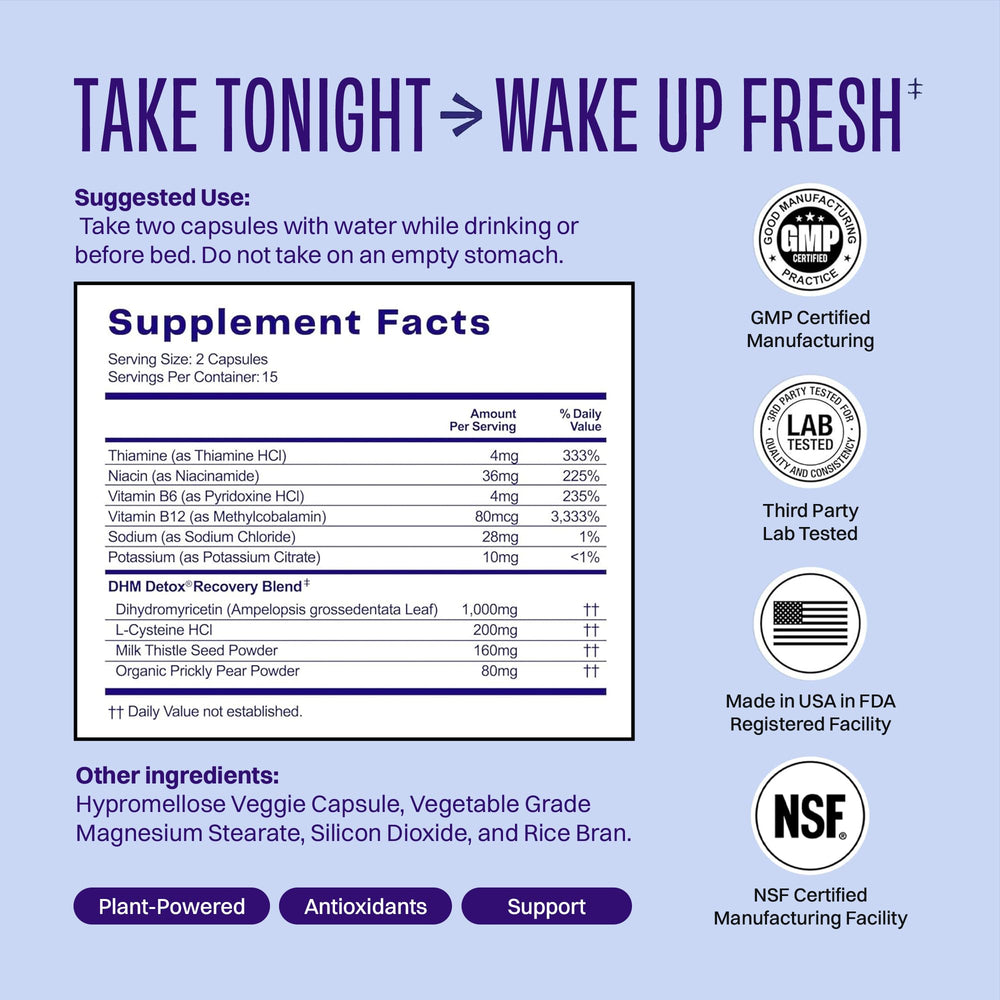 No Days Wasted DHM Detox capsules ready for nightly hydration and recovery support.