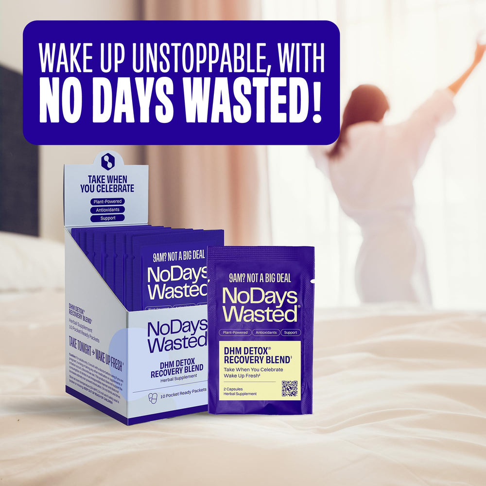 No Days Wasted DHM Detox ingredients panel features milk thistle and prickly pear.