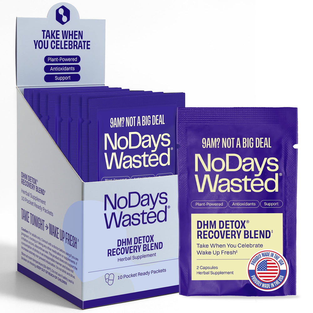 No Days Wasted DHM Detox packaging shown for a convenient evening wellness routine.
