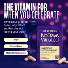 No Days Wasted DHM Detox packets highlight portable convenience for on-the-go nights.
