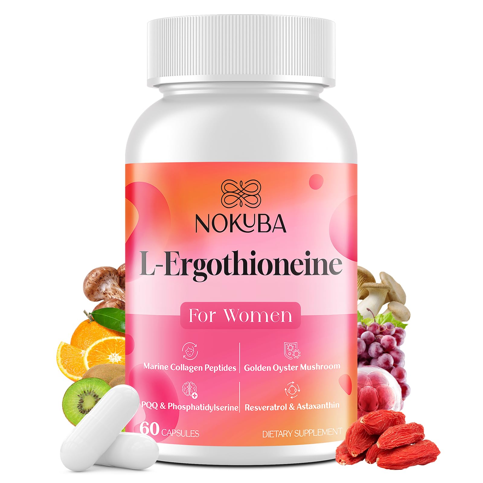 Nokuba ergothioneine capsules front, highlighting potent antioxidant support