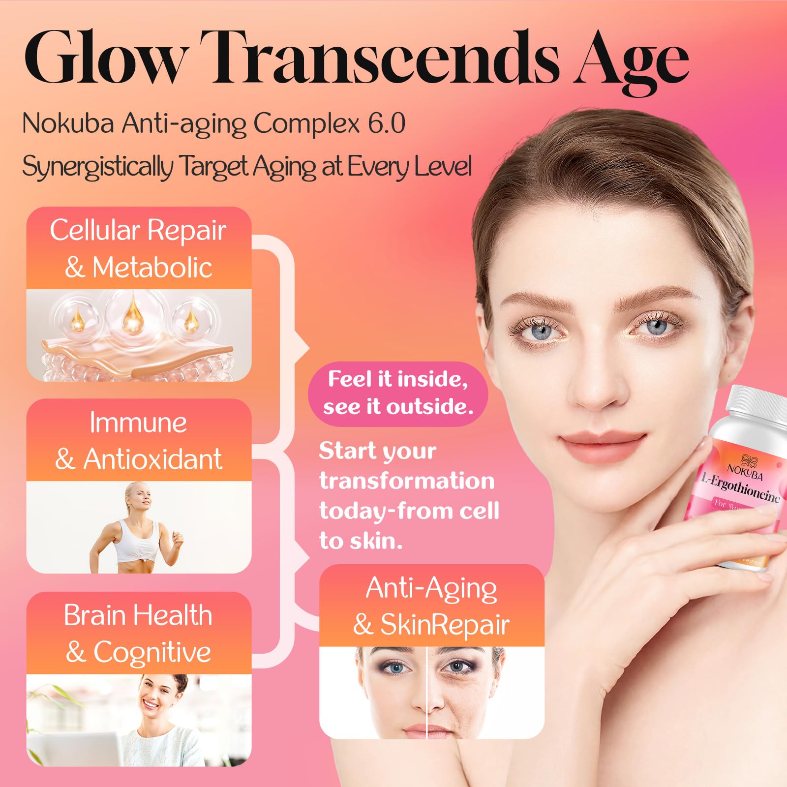 Nokuba hyaluronic acid capsules with glossy label for skin hydration