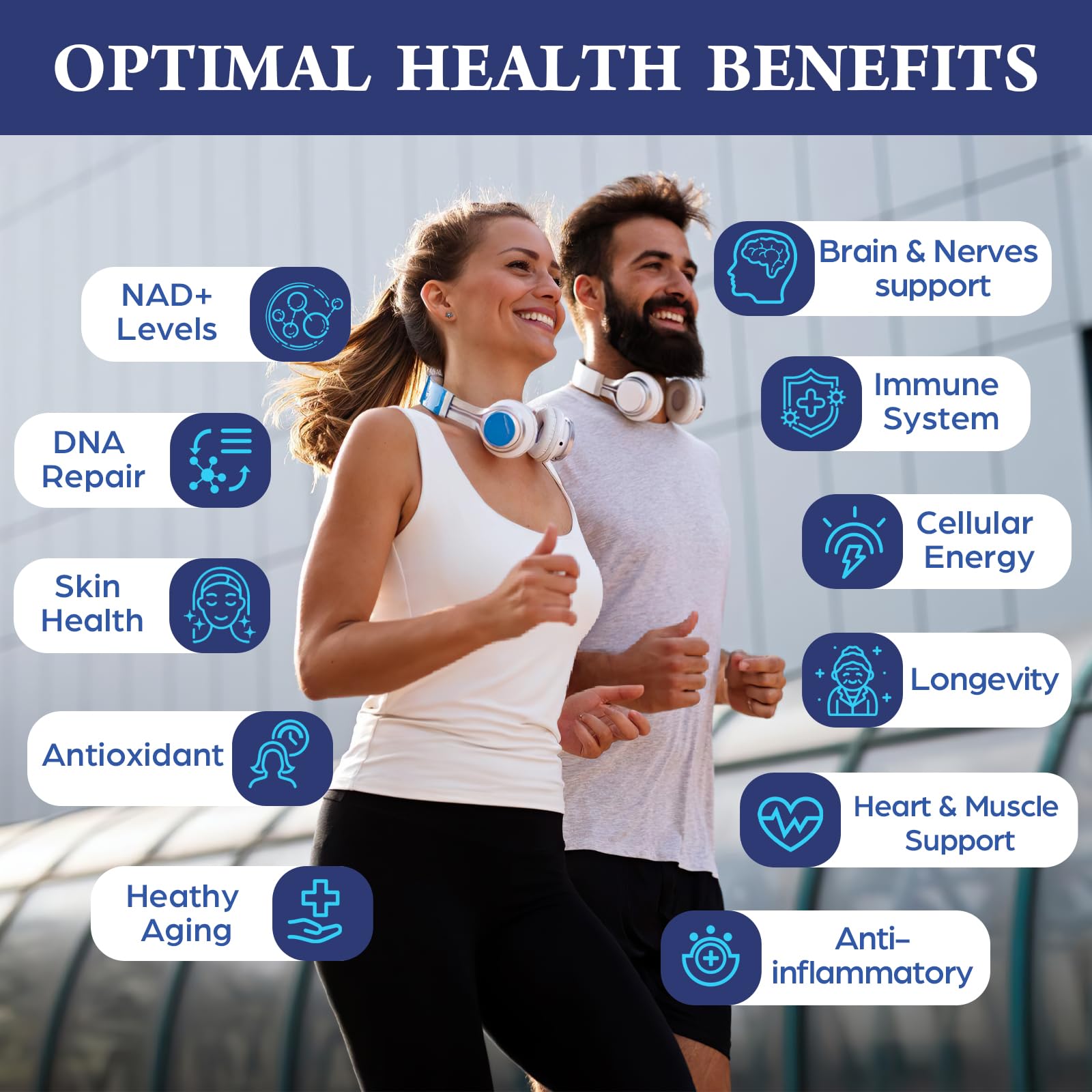 Capsules closeup shows trigonelline capsules, suggesting NAD+ support and ease of daily use.