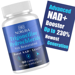 Nokuba NAD supplement bottle highlights trigonelline HCl 500mg for potential energy support.